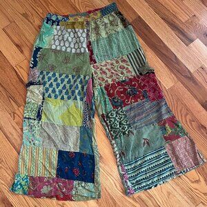 Wide Leg Patchwork Pants with Elastic Waist